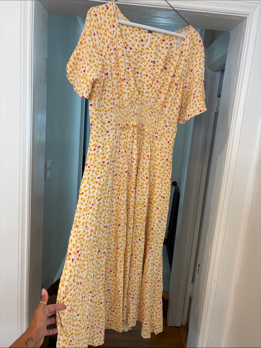 Free People Yellow Floral Maxi Dress with Pink Accents